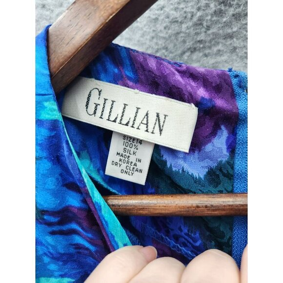 Vintage Gillian Silk Floral Print Ruffle Dress With Belt Size 14 Purple & Blue 3 - Picture 3 of 5